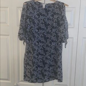 H&M Navy Blue Floral summer Sheath Casual 3/4 Sleeve dress tie sleeves